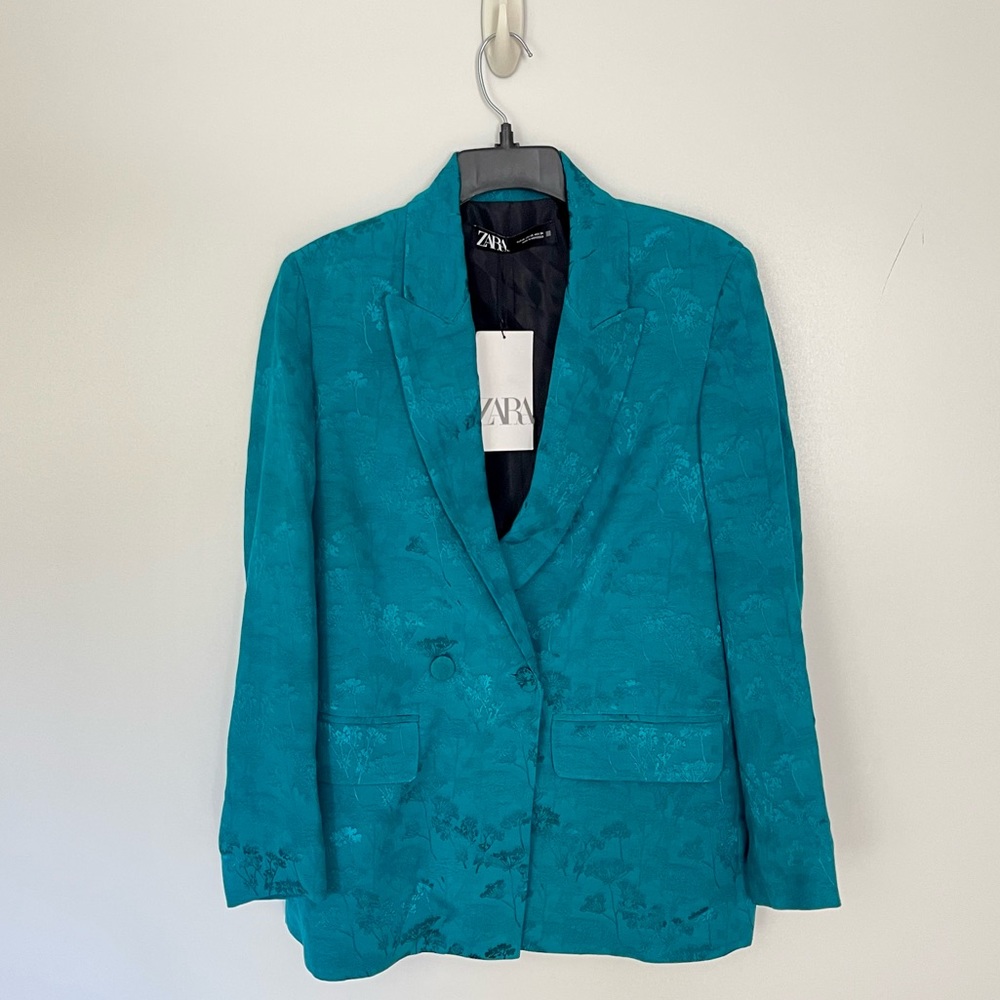 NWT Zara Floral Satin Oversized Double Breasted Blue Blazer XS Maximalist